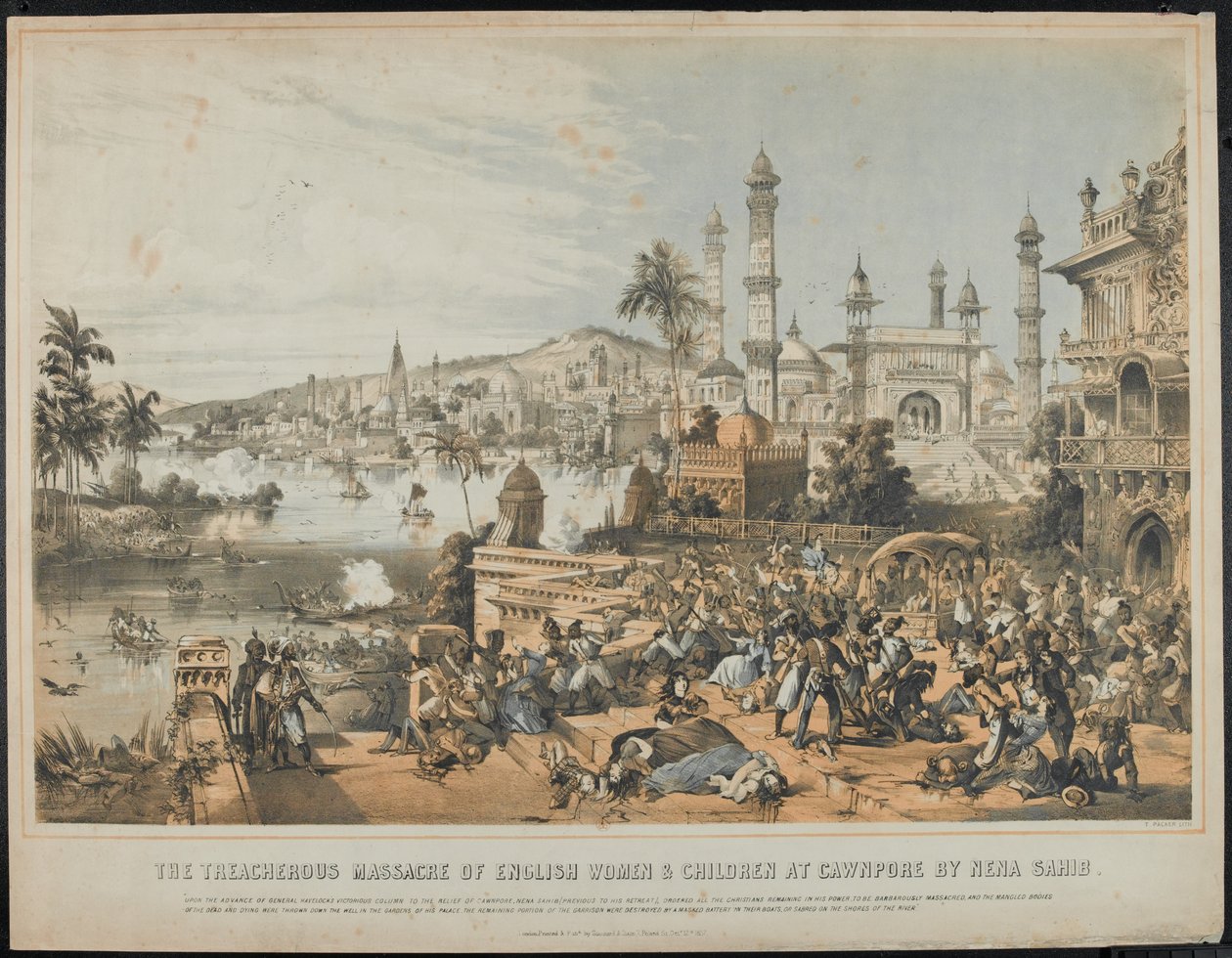 1857年のインド反乱におけるネーナ・サーヒブによるコーンポールでの英国人女性と子供の裏切り虐殺、1857年10月12日印刷（着色リト刷り） 作： トーマス・パッカー