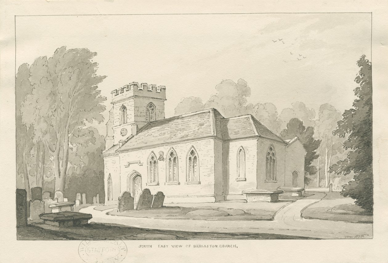 Barlaston Church：ペンとウォッシュの絵、1838年 作： トーマス・ペプロー・ウッド