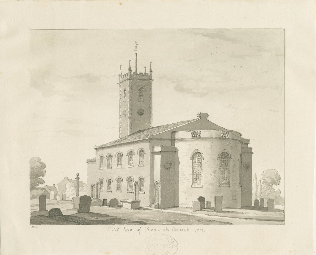 Bloxwich Church：セピア画、1837 作： トーマス・ペプロー・ウッド