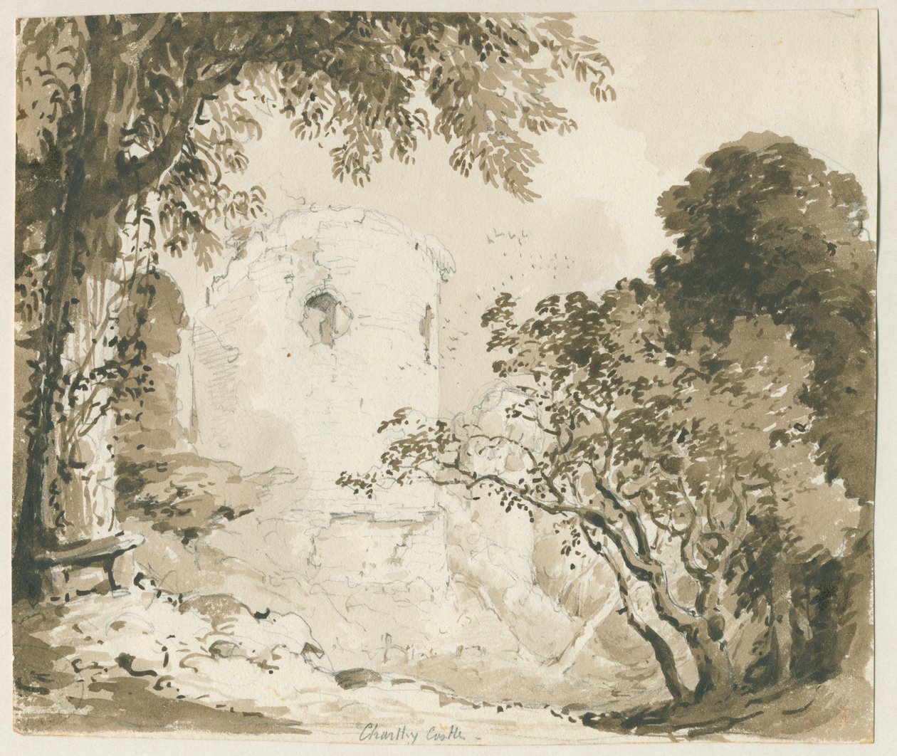 Chartley Castle：鉛筆とウォッシュの描画、ND [1837-1838] 作： トーマス・ペプロー・ウッド