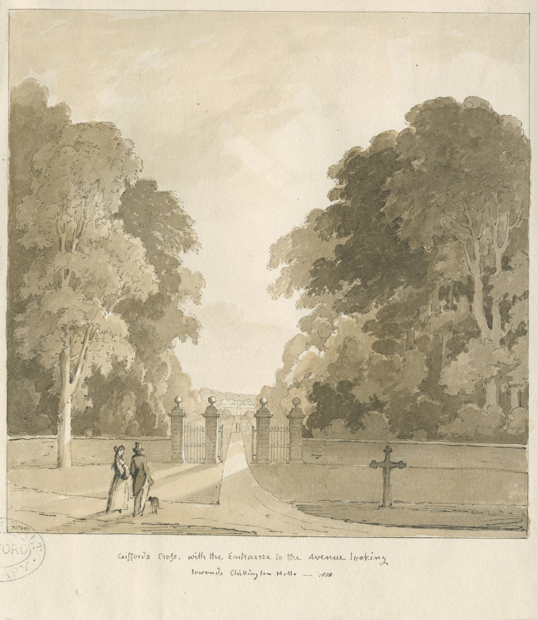 チリントンホール-"Giffard" s Cross "：セピア画、1838 作： トーマス・ペプロー・ウッド