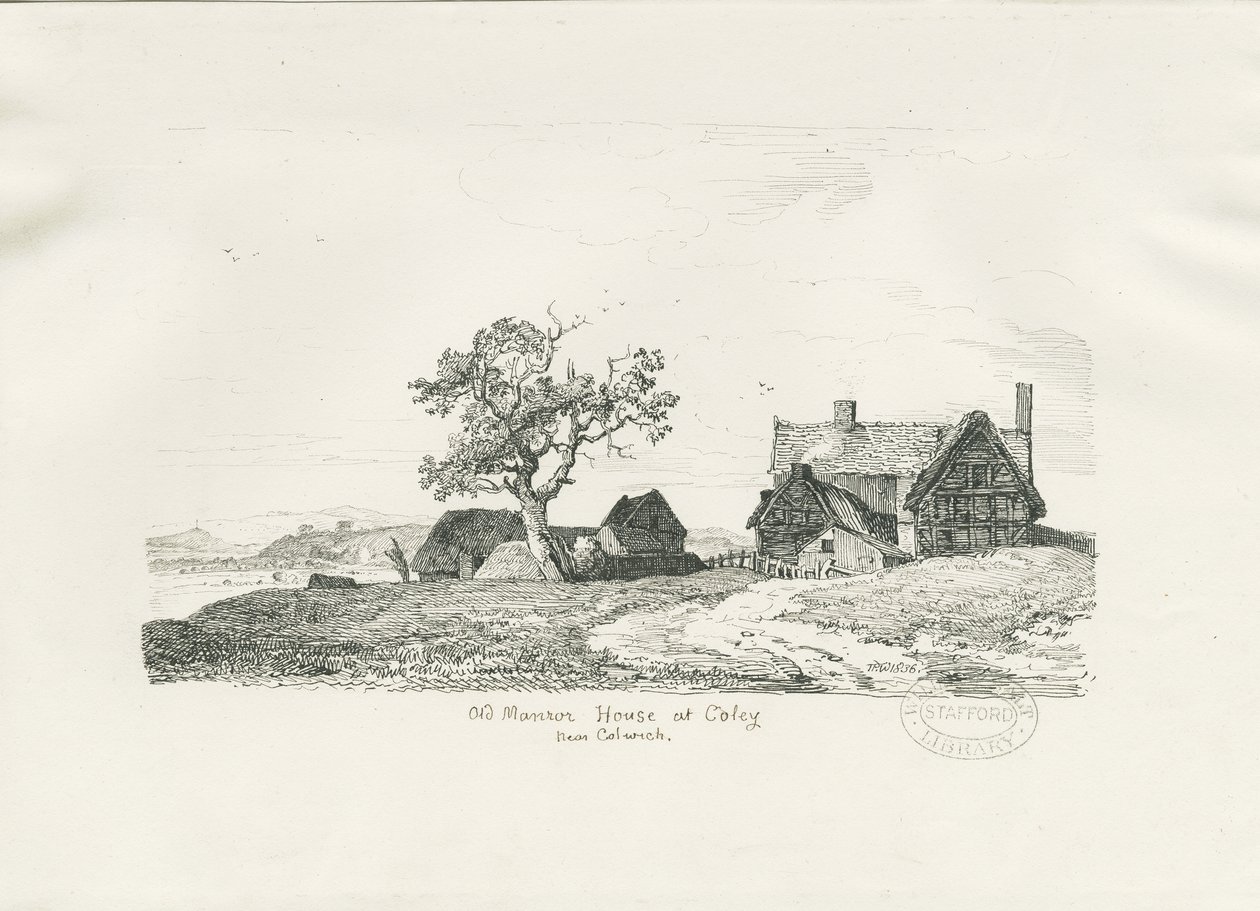 コルウィッチ-コーリーのオールドマナーハウス：ペンとインクの描画、1836 作： トーマス・ペプロー・ウッド