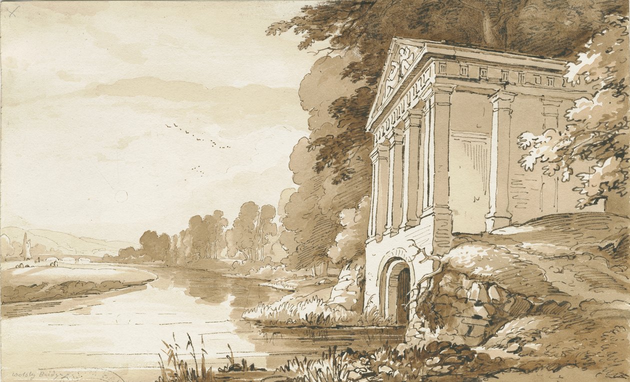 コルウィッチ-ウォルズリー橋近くの寺院：セピア色のウォッシュドローイング、nd [1837-1838]（ドローイング） 作： トーマス・ペプロー・ウッド