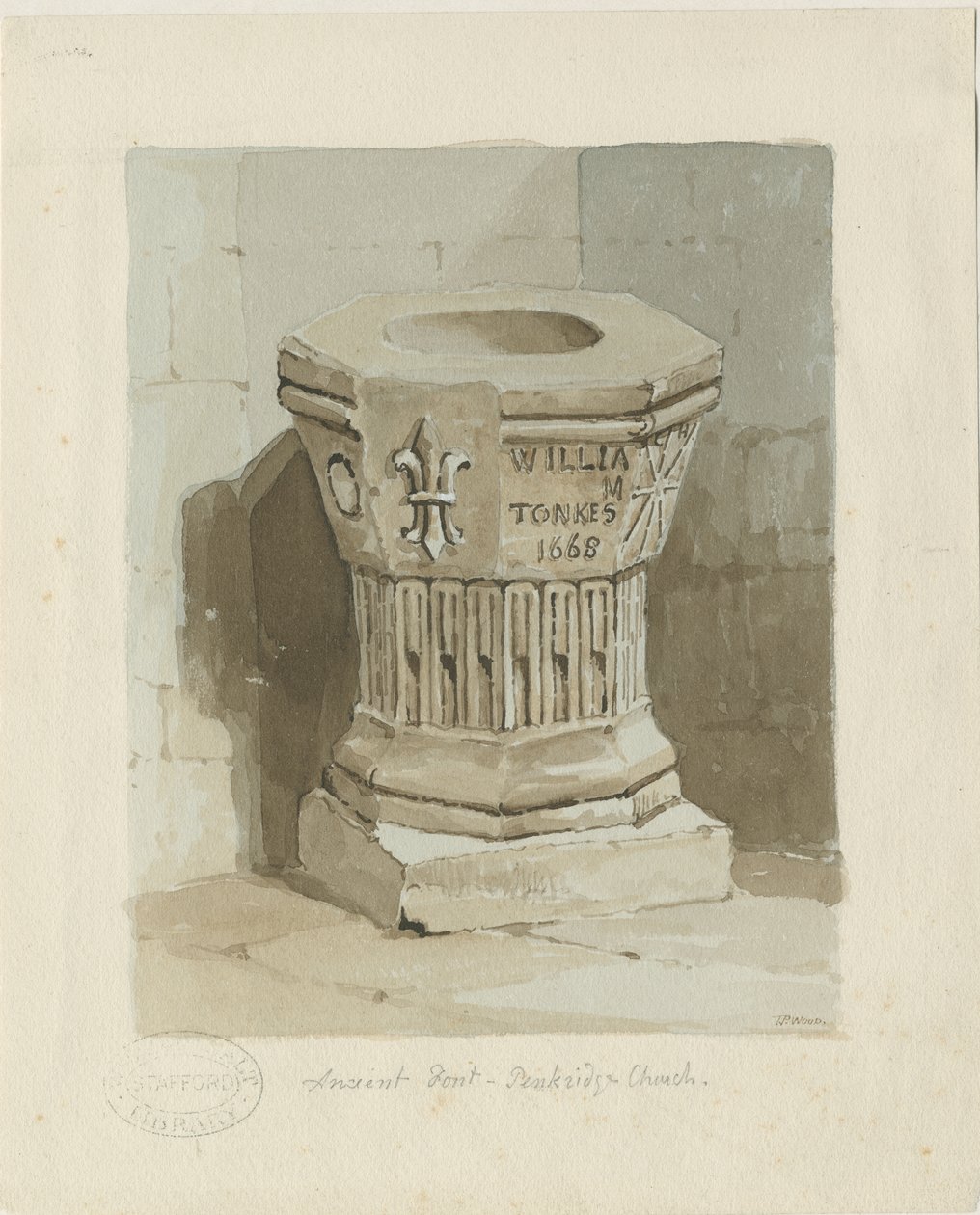 ペンクリッジ教会のフォント：水彩画、nd [c 1836]（絵画） 作： トーマス・ペプロー・ウッド