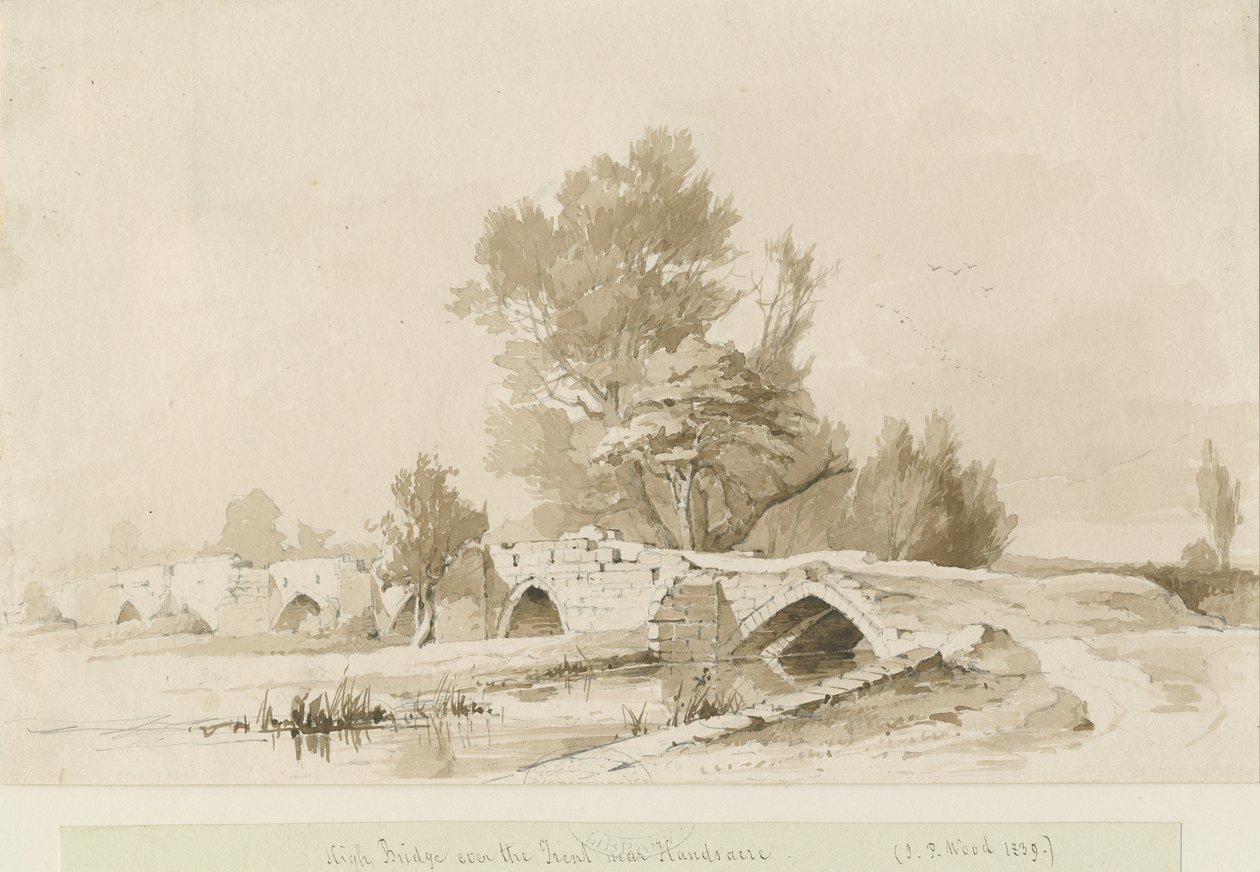 Handsacre-Old High Bridge：セピア画、1839 作： トーマス・ペプロー・ウッド