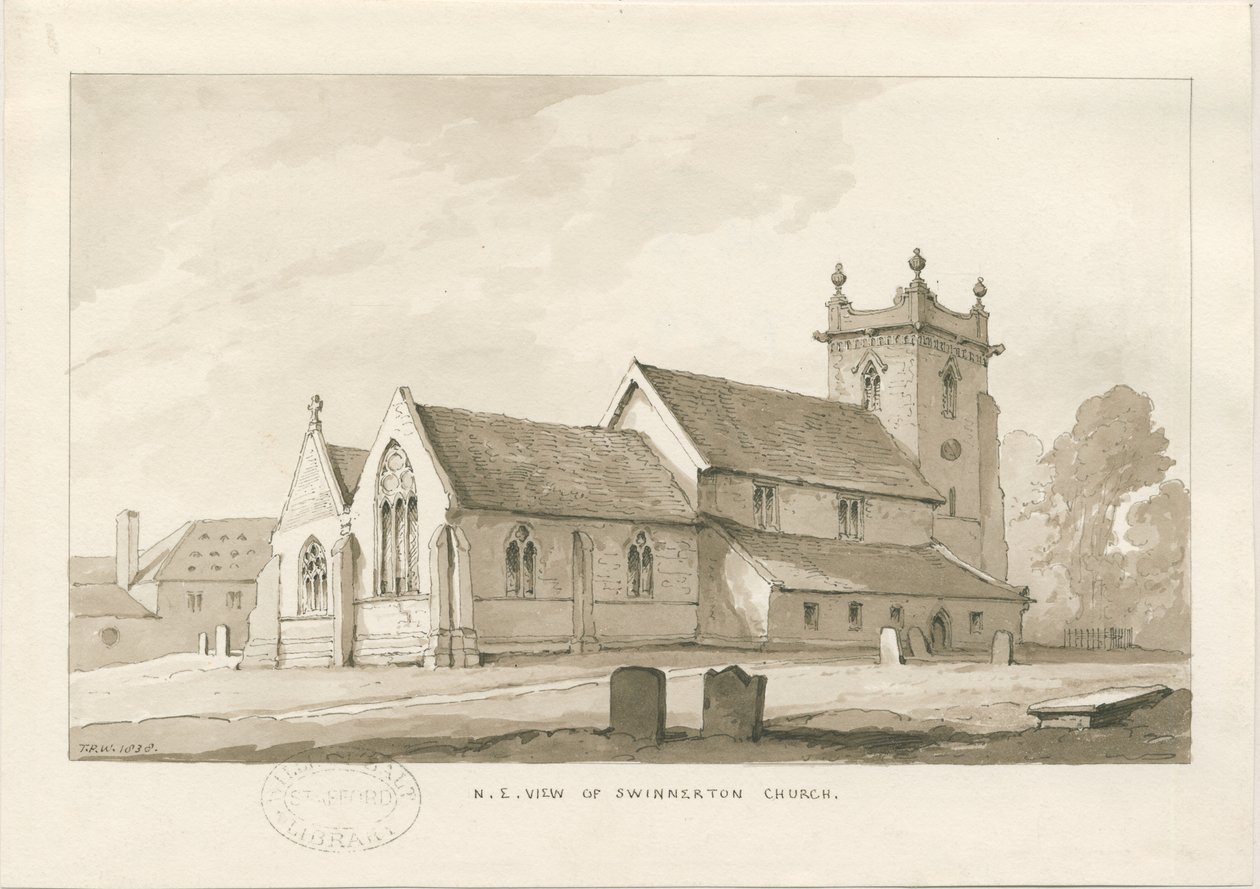 Swynnerton Church：セピアウォッシュドローイング、1838年 作： トーマス・ペプロー・ウッド