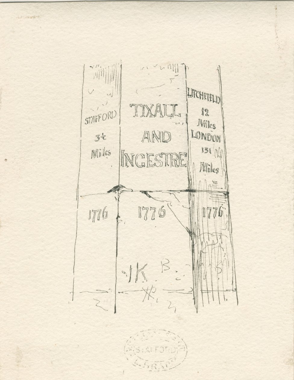 ティクソール-マイレージを示す石の柱：ペンとインクの描画、nd [19世紀半ば]（描画） 作： トーマス・ペプロー・ウッド