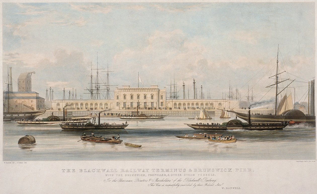 「The Blackwall Railway Terminus and Brunswick Pier」、ブラックウォール、ポプラ、ロンドン、c1840 作： トーマス・ピケン