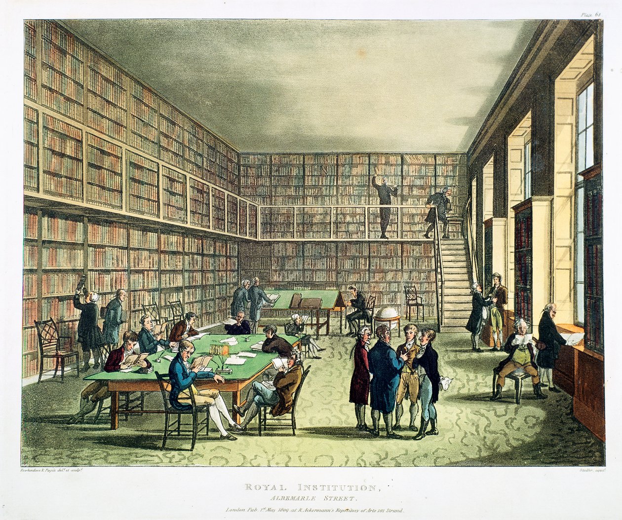 王立研究所図書館、アルバーマール ストリート、ロンドン、1808～1811 年 作： トマス・ローランドソン、オーガスタス・チャールズ・プーギン