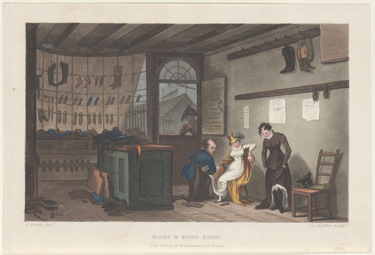 Boot & Shoe Shop、Scarborough の詩的スケッチ、1813 年、1813 年。作成者: Thomas Rowlandson、Joseph Constantine Stadler、J. Bluck 作： トマス・ローランドソン、ヨーゼフ・コンスタンティン・スタドラー、J・ブラック