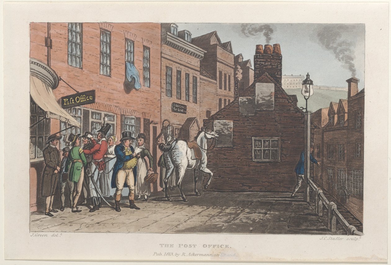 The Post Office, from Poetical Sketches of Scarborough, 1813, 1813.クリエイター。Thomas Rowlandson, Joseph Constantine Stadler, J. Bluck. 作： トマス・ローランドソン、ヨーゼフ・コンスタンティン・スタドラー、J・ブラック