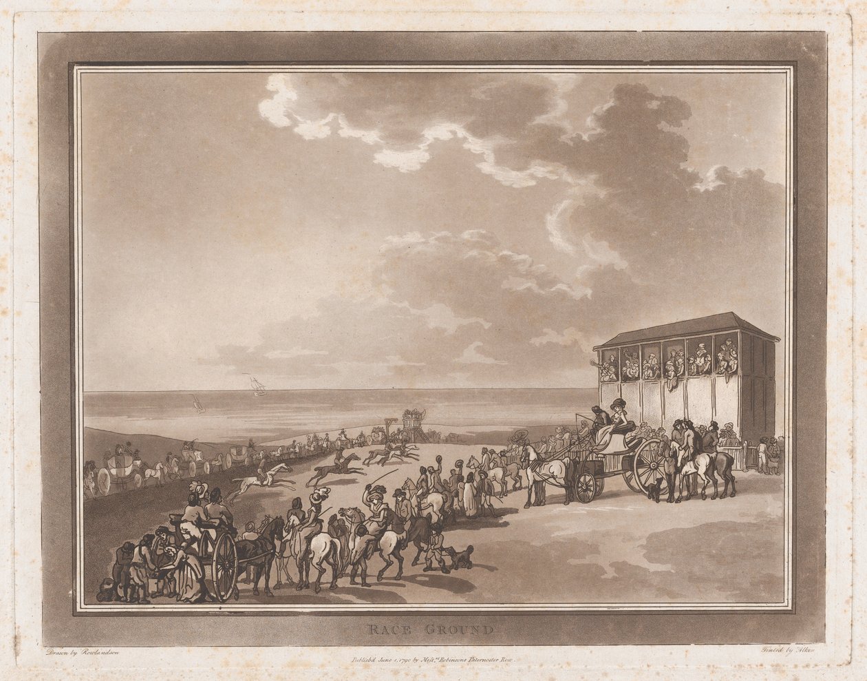 競馬場 ブライトヘルムストーンへの小旅行、1790 年 6 月 1 日、1790 年 6 月 1 日。作成者: Thomas Rowlandson、Samuel Alken。 作： トマス・ローランドソン、サミュエル・アルケン