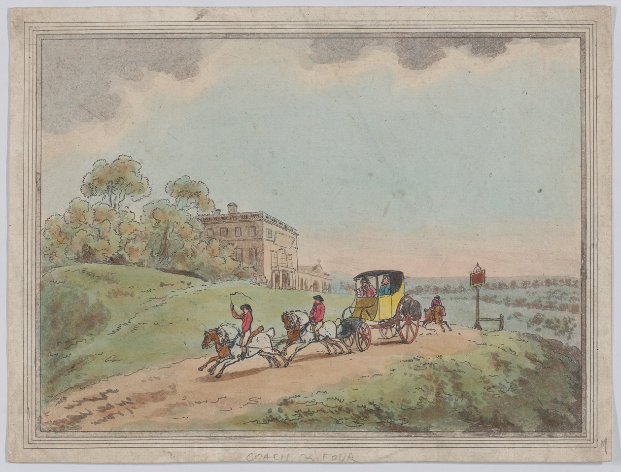 1787年、素朴なスケッチからのコーチと4人。 作： トーマス・ローランドソン