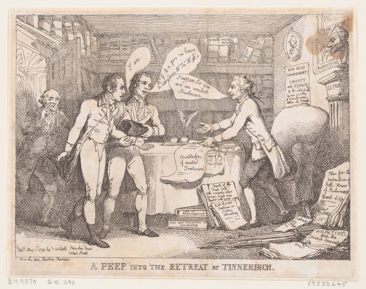 1799 年 5 月 1 日、ティネチャーチ ユナイテッド アイリッシュのリトリートをのぞく。 作： トーマス・ローランドソン