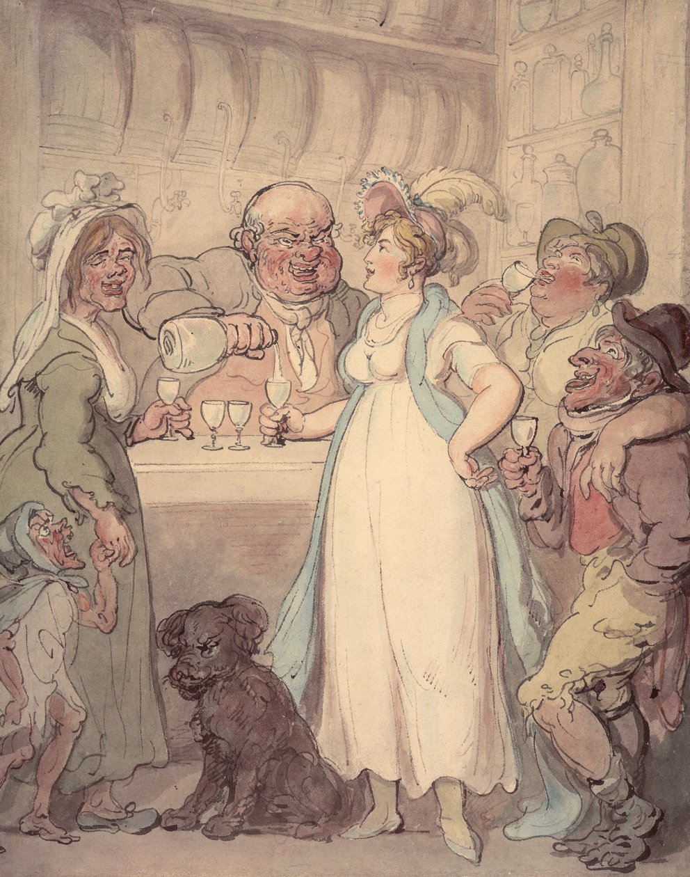 若い魅力的な女性が、ジンを飲むことの「楽しみ」を紹介されている、c1810 作： トーマス・ローランドソン