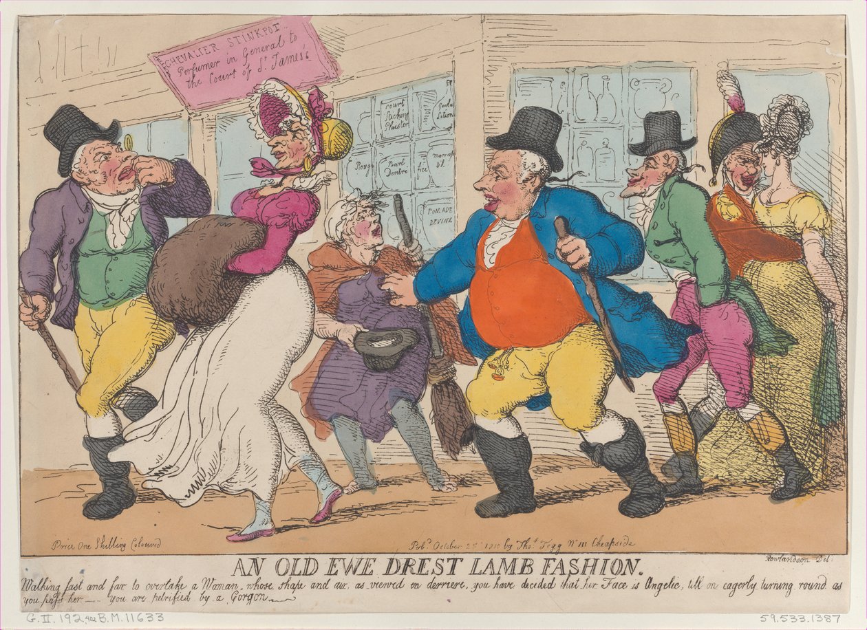 1810年10月25日、老齢の雌羊が子羊のファッションに身を任せていた。 作： トーマス・ローランドソン