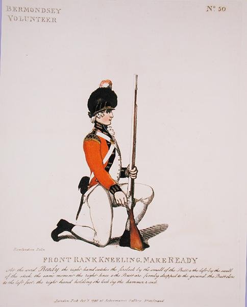 バーモンジーのボランティア、1798年発行の「Loyal Volunteers of London and Environs」よりプレート50（カラーリトグラフ） 作： トーマス・ローランドソン