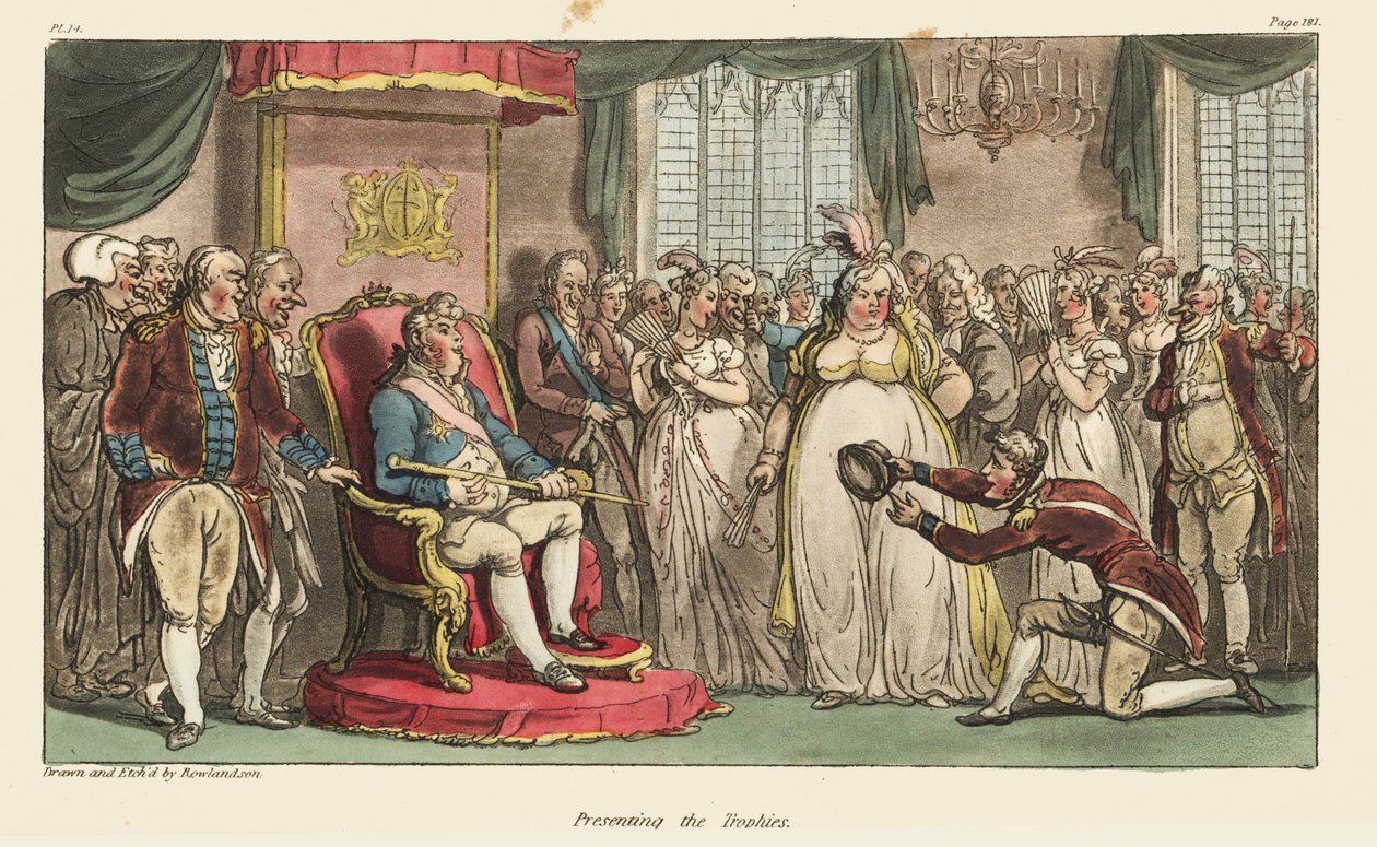 Kapitän Johnny Newcome präsentiert die Kriegstrophäen, den Hut von König Joseph Bonaparte und den Stab von Marschall Jean-Baptiste Jourdan, dem Prinzregenten im Carlton House. Handkolorierte Kupferstichgravur gezeichnet und radiert von Thomas Rowlandson au von Thomas Rowlandson