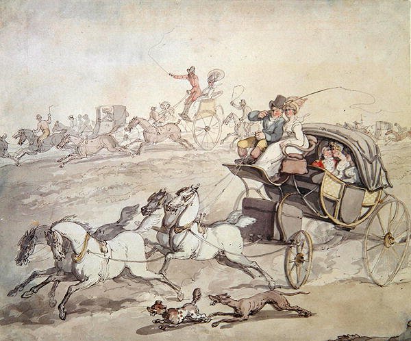 広大な草原を全速力で走る馬車と騎手、1800年頃（紙にペンとインク、ウォッシュ） 作： トーマス・ローランドソン