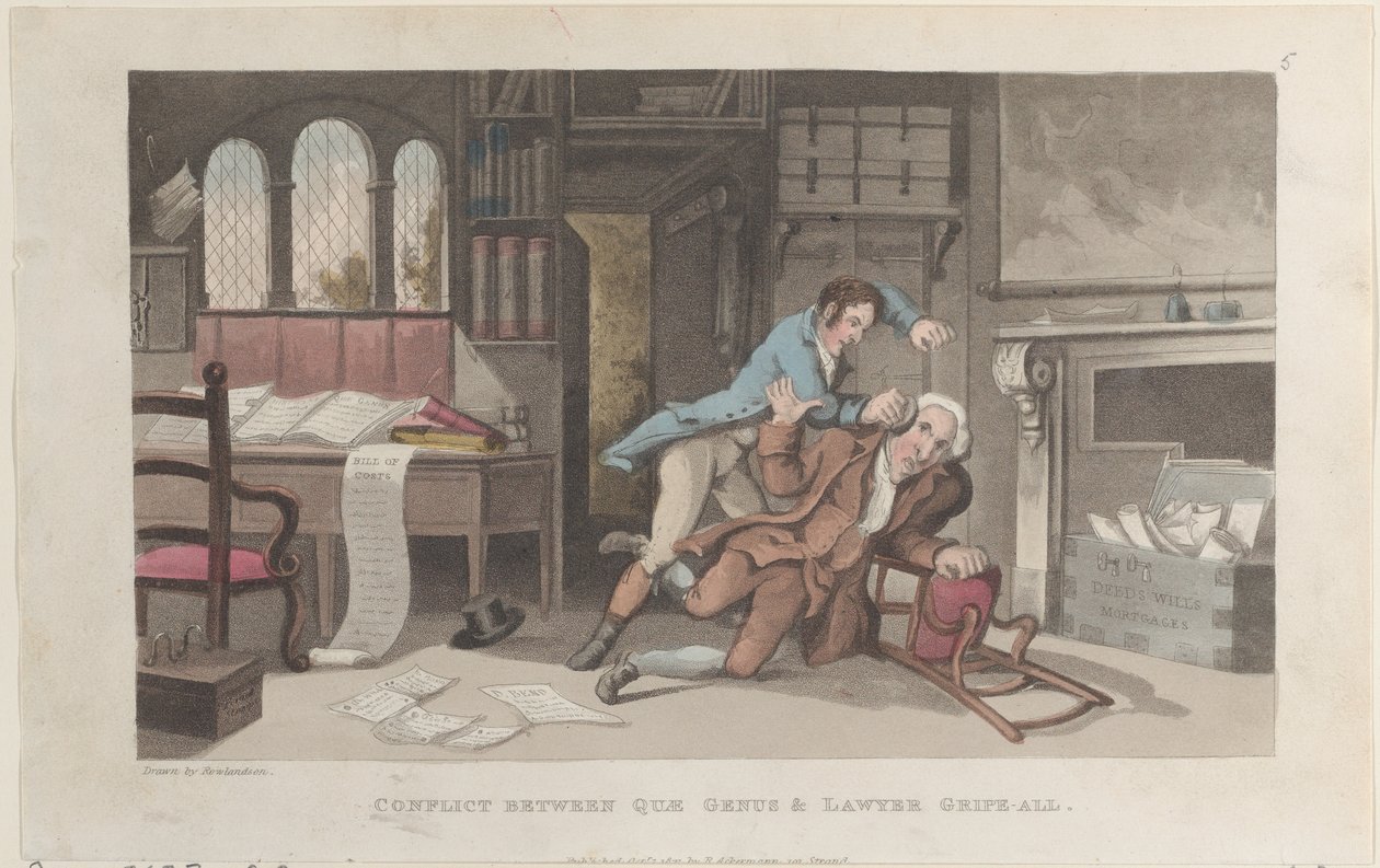 Quae GenusとLawyer Gripe-allの対立（『The History of Johnny Q...』1821年10月1日より）。 作： トーマス・ローランドソン