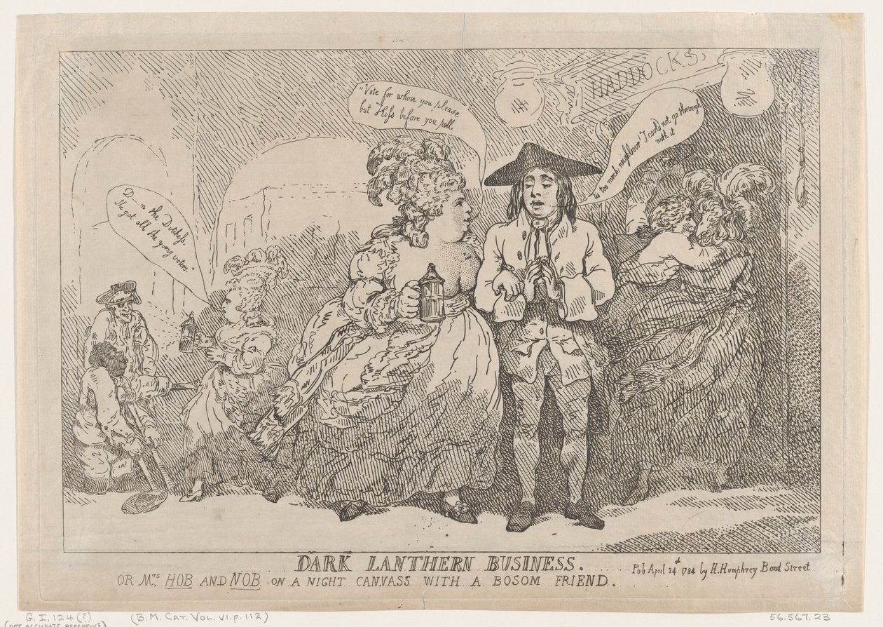 ダーク ランタン ビジネス、またはホブ夫人とノブ夫人、1784 年 4 月 24 日。 作： トーマス・ローランドソン
