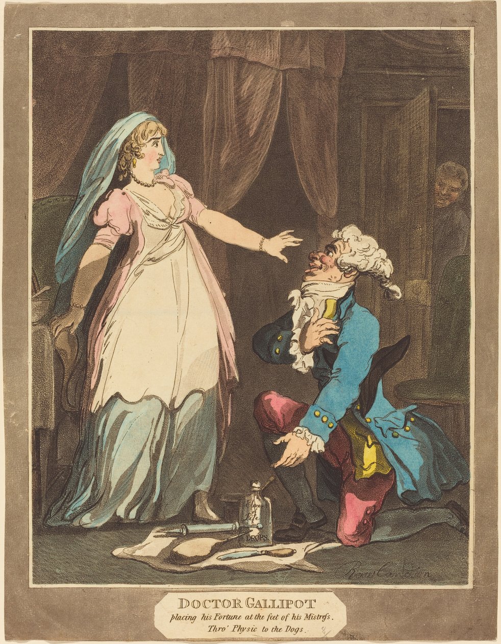 1808年、愛人の足元にフォーチュンを置いたガリポット博士。 作： トーマス・ローランドソン