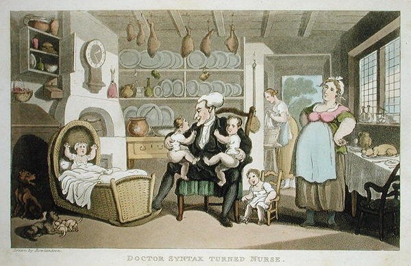 看護師になったシンタックス博士、1812年に出版されたウィリアム・コムの「The Tour of Dr Syntax in search of the Picturesque」より（アクアチント画） 作： トーマス・ローランドソン