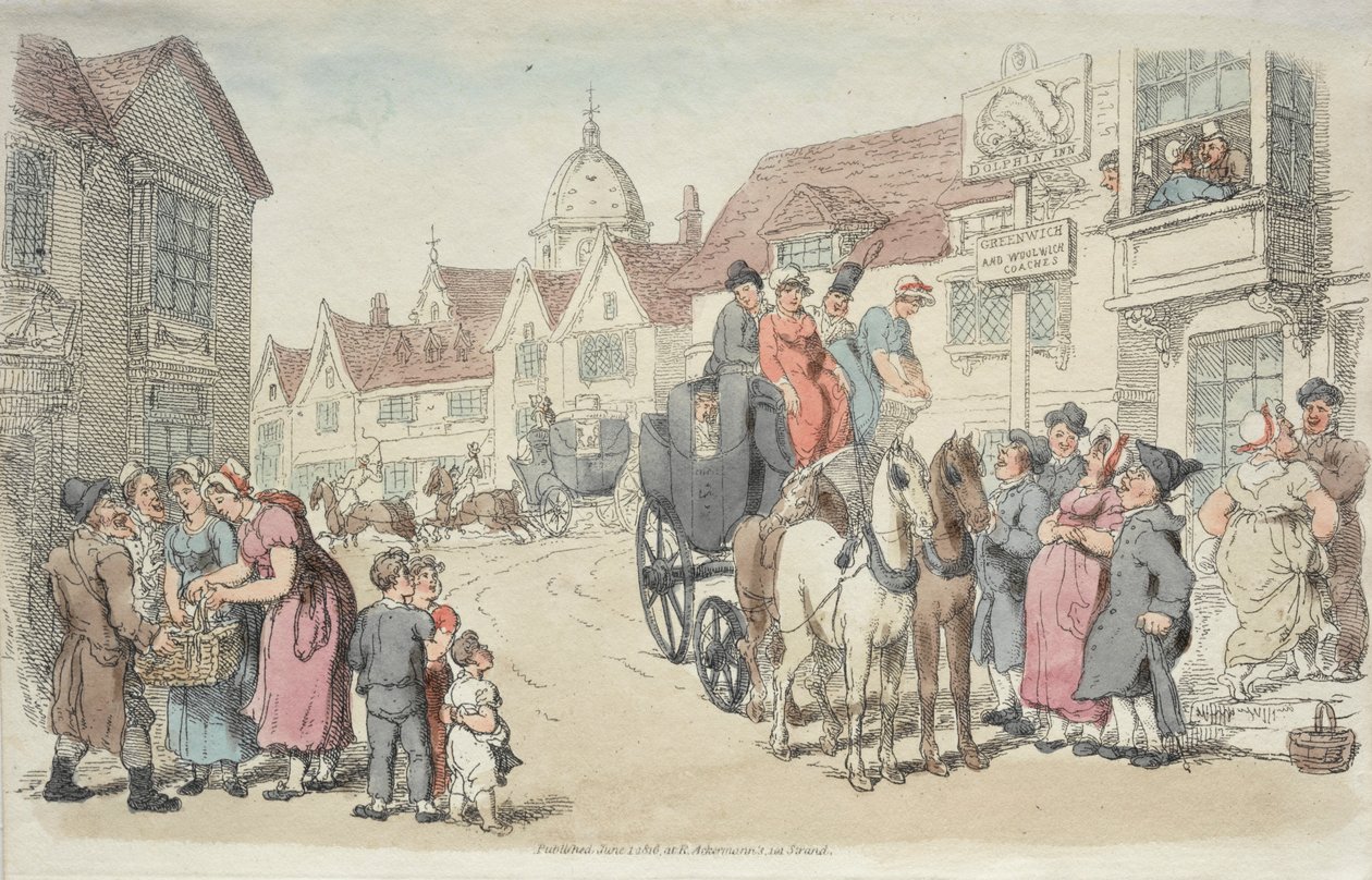 ドルフィンズイン：グリニッジアンドウーリッジコーチ、1816年。 作： トーマス・ローランドソン