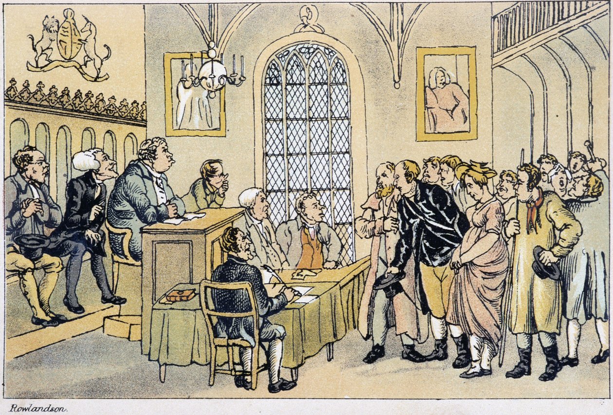 法廷でのシンタクス博士 - W. Combe著、Rowlandson画による「シンタクス博士の絵のような慰めと妻を求めての3つの旅」（ロンドン、ホッテン社）の中で 作： トーマス・ローランドソン