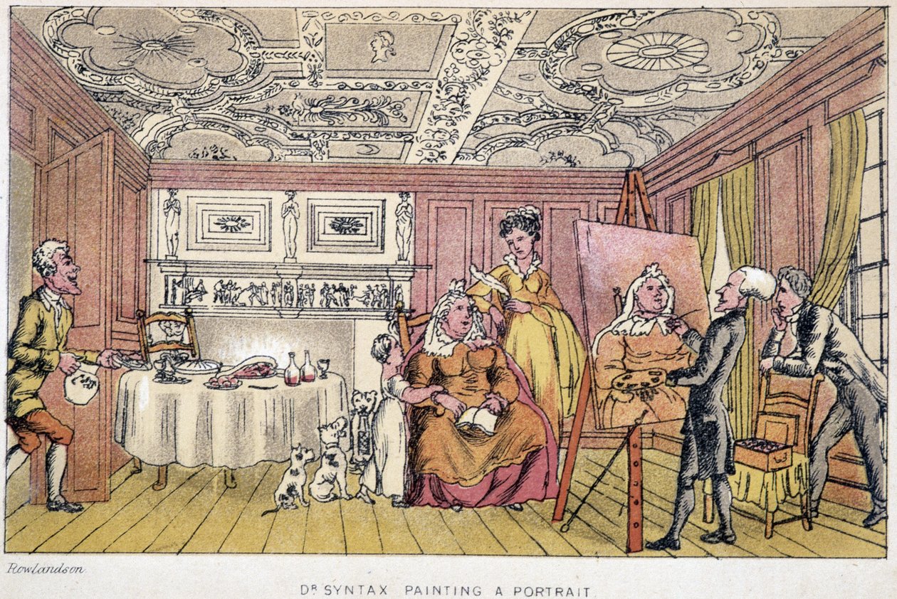 肖像画を描くシンタクス博士 - W. Combe著、Rowlandson画による「シンタクス博士の絵の慰めと妻を求めての3つの旅」（ロンドン、ホッテン社）の中で。 作： トーマス・ローランドソン