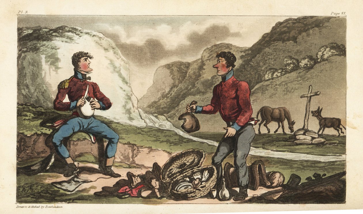 Fähnrich Johnny Newcome und sein Unteroffizier frühstücken am Straßenrand in Portugal mit Schinken, Rindfleisch, Keksen und Brandy. Handkolorierte Kupferstichgravur, gezeichnet und radiert von Thomas Rowlandson aus Colonel David Roberts
