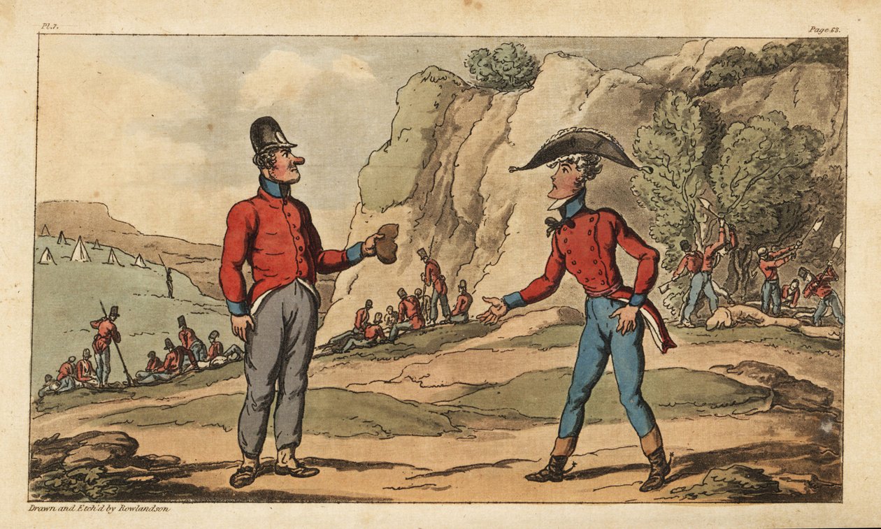 Fähnrich Johnny Newcome und sein Unteroffizier auf halben Rationen nach der Schlacht von Salamanca. Soldaten begraben die Toten, während andere in ihrem Lager ruhen. Handkolorierte Kupferstichgravur, gezeichnet und radiert von Thomas Rowlandson aus Colonel von Thomas Rowlandson
