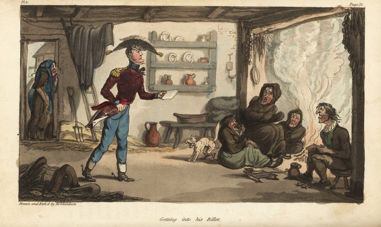 Ensign Johnny Newcome kommt zu seinem Subalternquartier in Portugal, einer Hütte mit schmutzigen Bettlern von Thomas Rowlandson