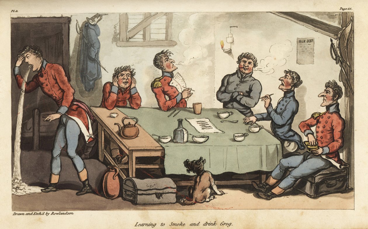 Fähnrich Johnny Newcome lernt Zigarren zu rauchen und Grog zu trinken mit anderen Offizieren. Raucht zu viel und erbricht sich am Tisch. Handkolorierte Kupferstichgravur, gezeichnet und radiert von Thomas Rowlandson aus Colonel David Roberts
