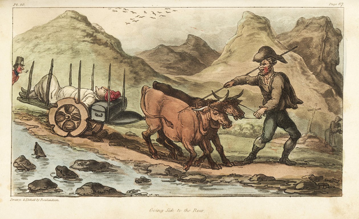 Fähnrich Johnny Newcome, krank mit Dysenterie, wird mit einem Ochsenkarren nach Salamanca, Spanien, gebracht. Handkolorierte Kupferstichgravur, gezeichnet und radiert von Thomas Rowlandson aus Colonel David Roberts