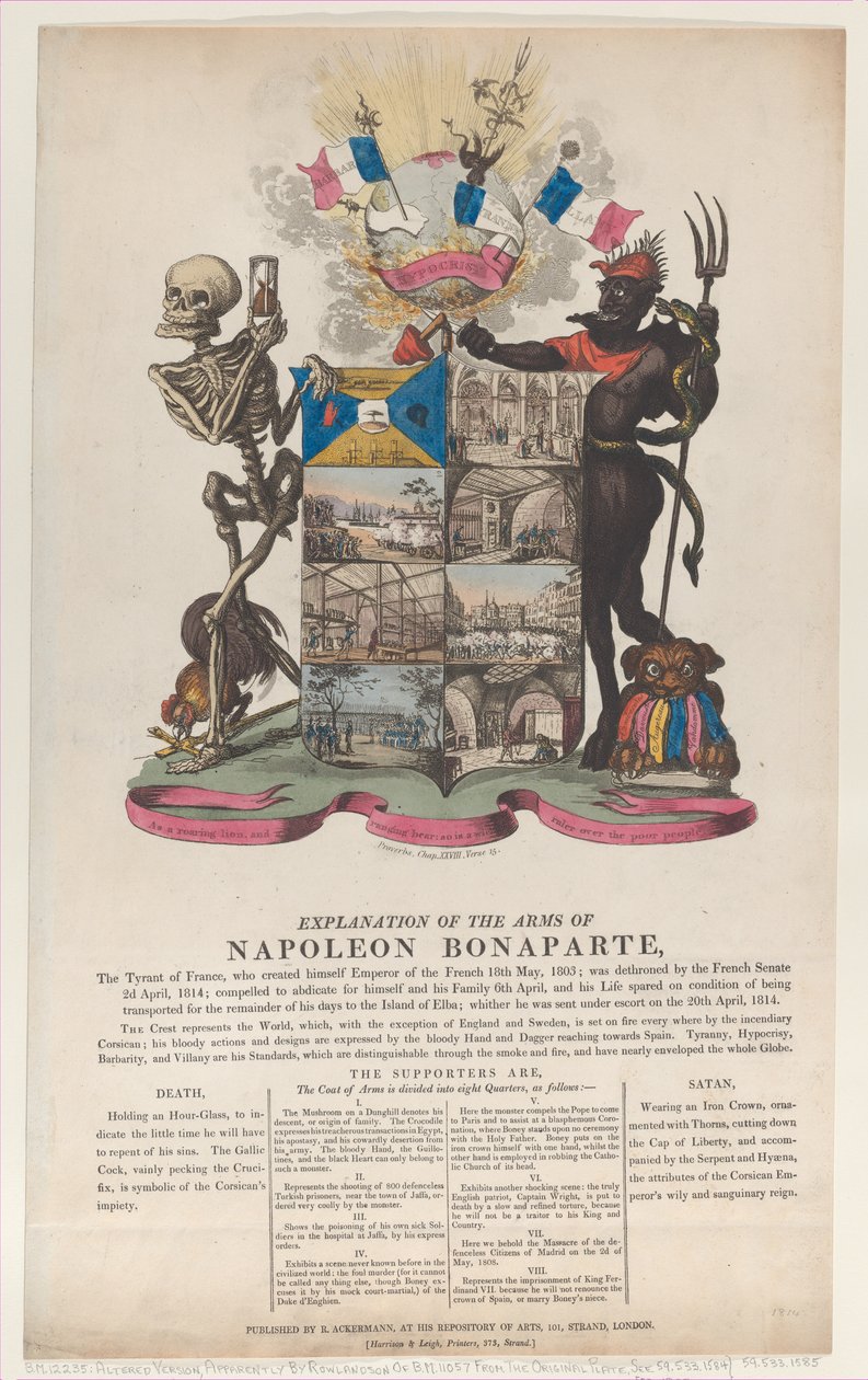 ナポレオン・ボナパルトの紋章の説明、1814 年 4 月、1814 年 4 月。 作： トーマス・ローランドソン