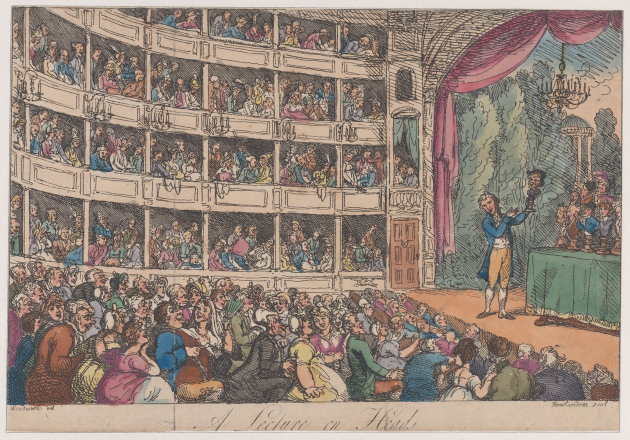 1808 年 4 月、ジョージ・アレクサンダー・スティーブンスによる頭に関する講義からの口絵、1808 年 4 月。 作： トーマス・ローランドソン