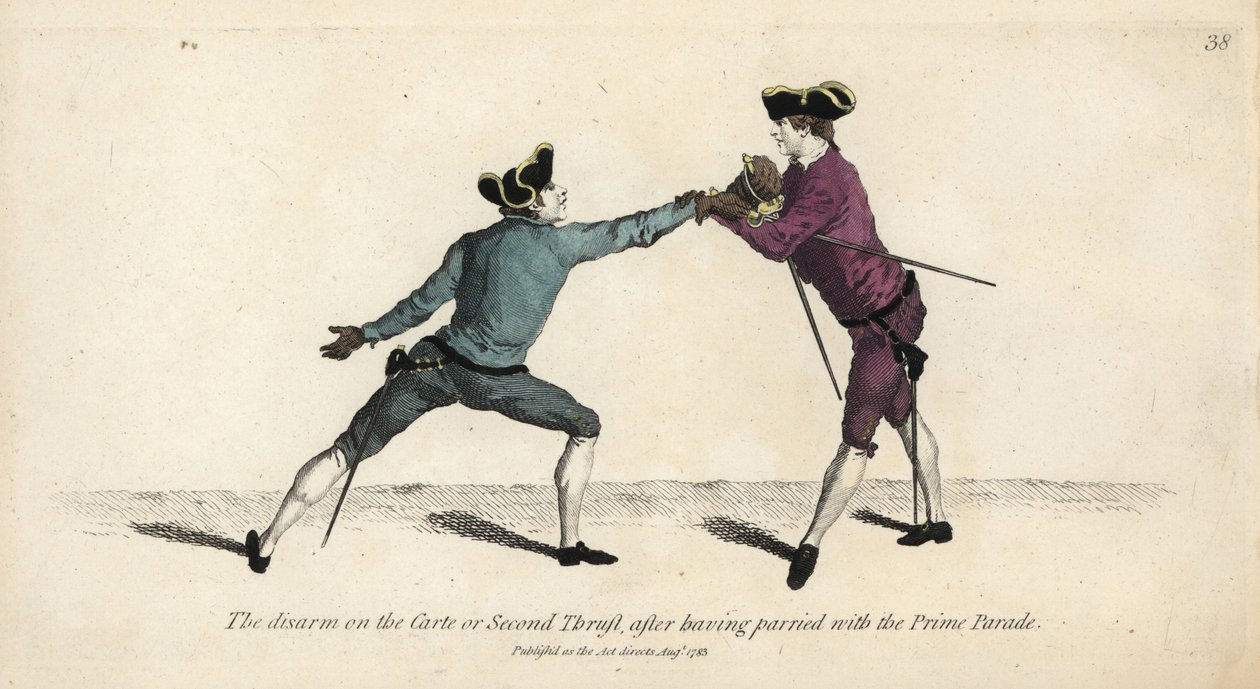 Fechtender Gentleman entwaffnet seinen Gegner beim zweiten Stoß, nach einer Illustration von Thomas Rowlandson aus Mr. Domenico Angelos Die Schule des Fechtens, London von Thomas Rowlandson