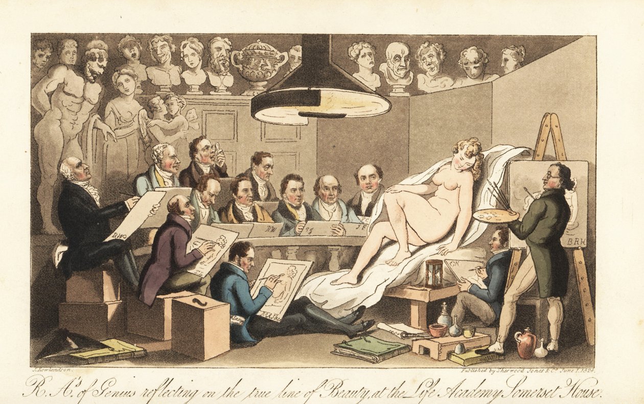 Georgische Künstler, darunter Benjamin West, Thomas Lawrence, Benjamin Haydon, Joseph Farrington, Richard Westall und Martin Archer Shee, zeichnen ein nacktes Modell, während klassische Büsten herabblicken. Royal Academicians of Genius reflecting on the tr von Thomas Rowlandson