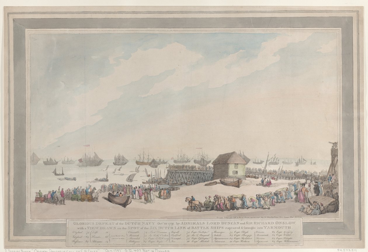 1797年10月10日、オランダ海軍の輝かしい敗北。ダンカン卿およびリチャード・オンズロー卿両提督による作品。捕獲されヤーマスへ連行されたオランダの戦列艦6隻を、その現場で描いた図版付き。 作： トーマス・ローランドソン