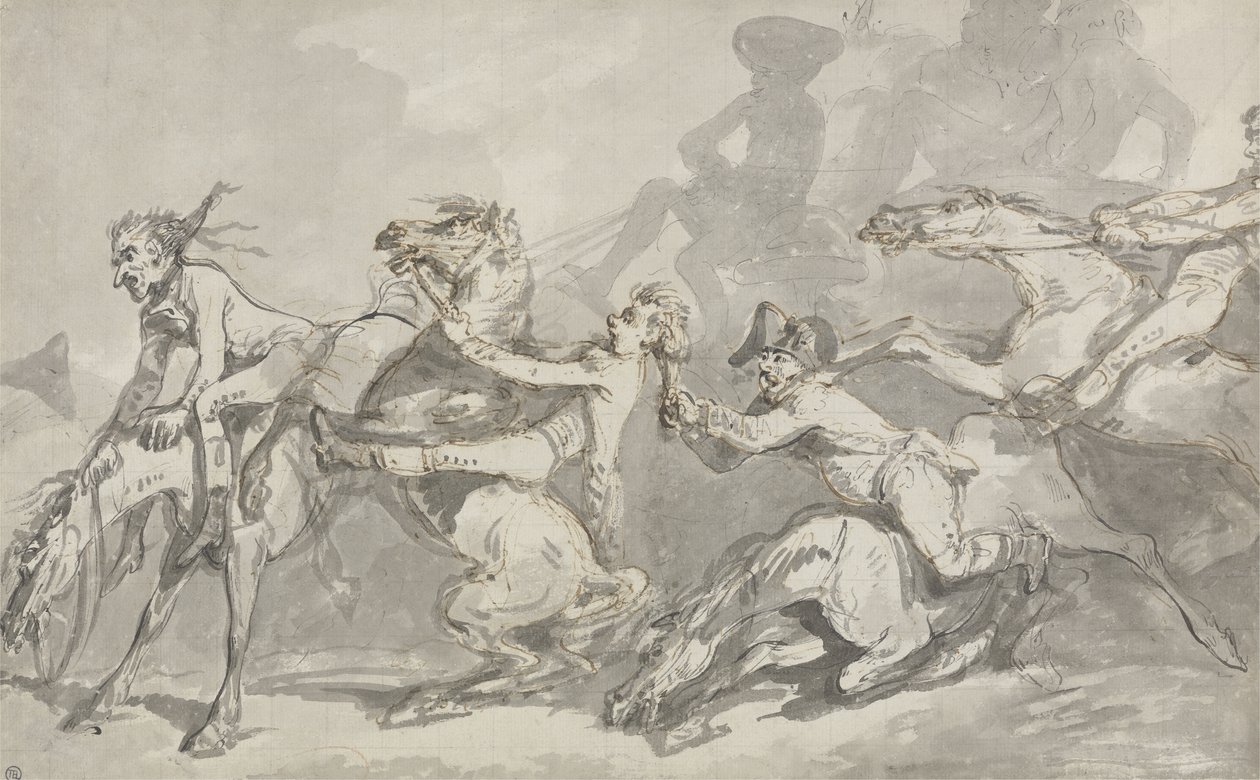 衝突する騎手、c.1785-90（紙に茶色のウォッシュを塗ったペンとインク） 作： トーマス・ローランドソン