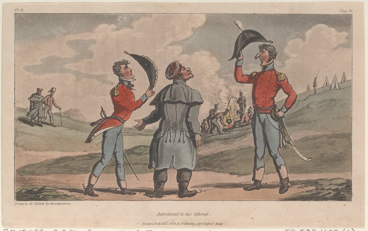 The Military Adventures of Johnny Newcome, 1815.より、大佐に紹介される。 作： トーマス・ローランドソン