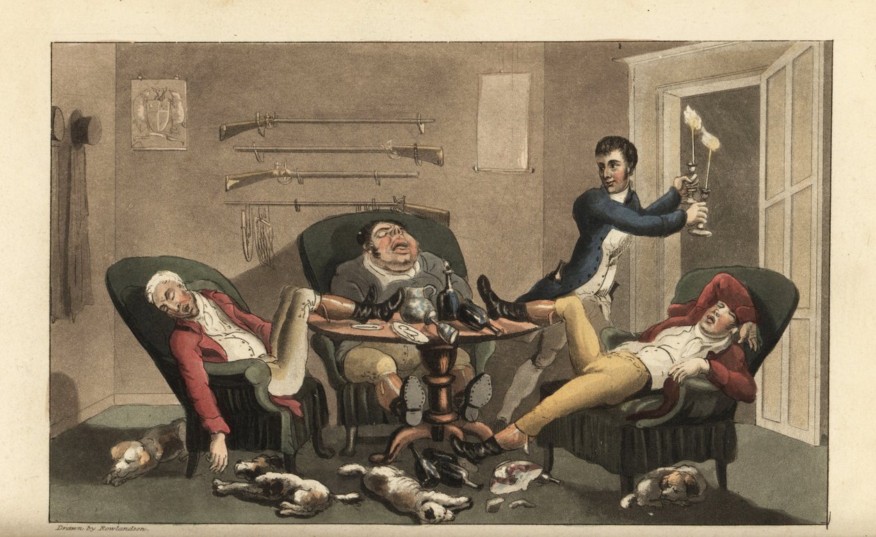 Johnny bei einem sportlichen Finale: Johnny mit Kerzenleuchtern verlässt drei betrunkene Jäger, die in einem Speisesaal mit leeren Weinflaschen und schlafenden Hunden schlafen. Handkolorierter Kupferstich von Thomas Rowlandson aus William Combes The Histor von Thomas Rowlandson