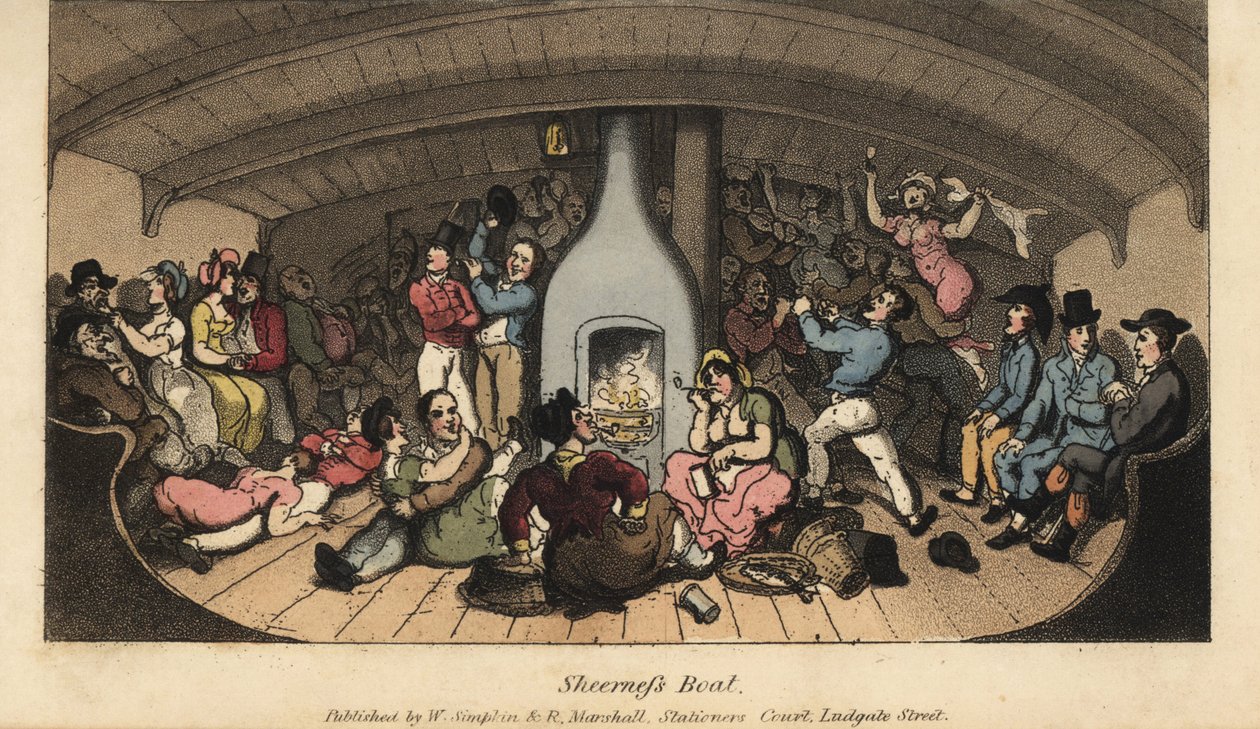 Johnny feiert mit Seeleuten, Schlammfängern, Kupplern und Zuhältern in einer Kabine auf dem Sheerness-Boot. Handkolorierte Kupferstichgravur von W. Read nach einer Illustration von Thomas Rowlandson aus Alfred Burtons The Adventures of Johnny Newcombe von Thomas Rowlandson