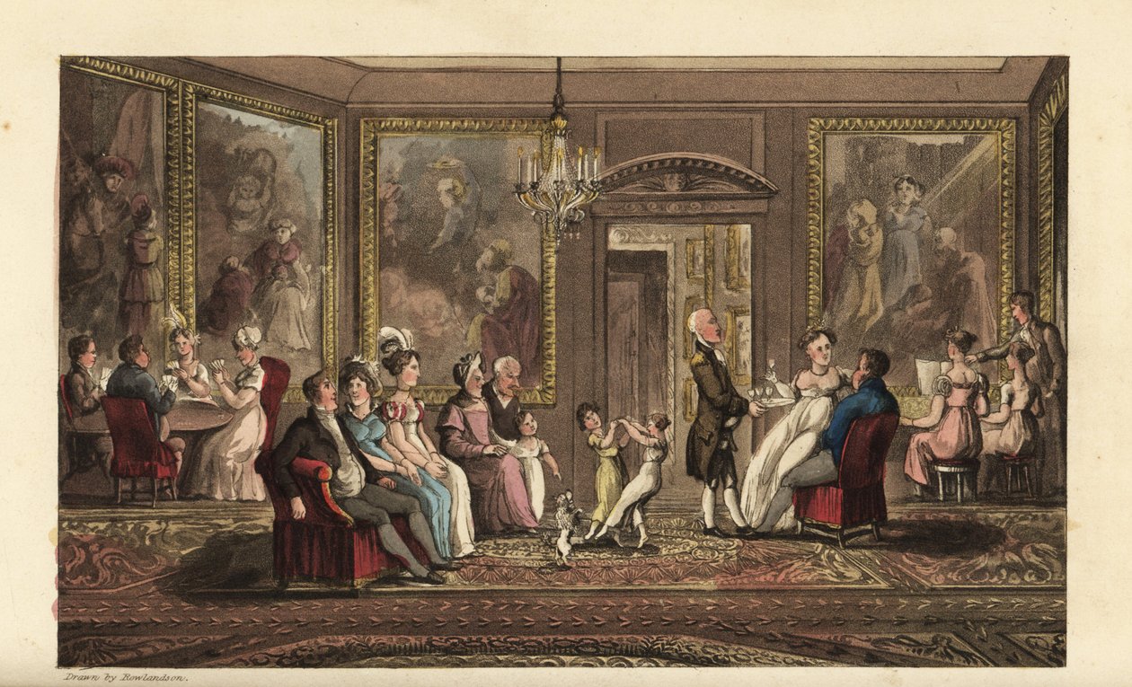 Johnny gibt eine große Party. Gesellschaftliches Ereignis in einem großen Herrenhaus, bei dem Gäste Karten spielen, Lieder singen, reden, tanzen und sich unterhalten von Thomas Rowlandson