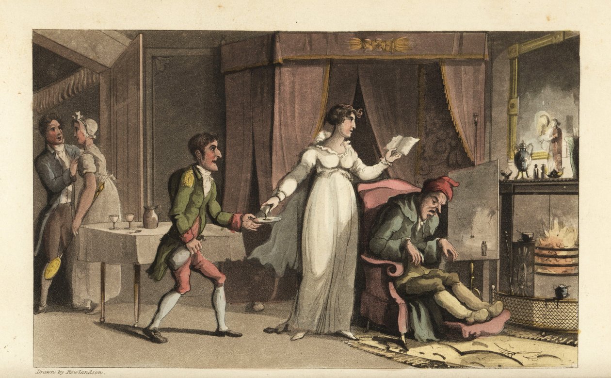 Johnny im Dienst des Geizhalses John Squeeze und seiner vorsichtigen Nichte Amelia Squeeze. Johnny bringt ein Glas Medizin für den sterbenden alten Mann. Handkolorierte Kupferstichgravur von Thomas Rowlandson aus William Combes The History of Johnny Quae G von Thomas Rowlandson