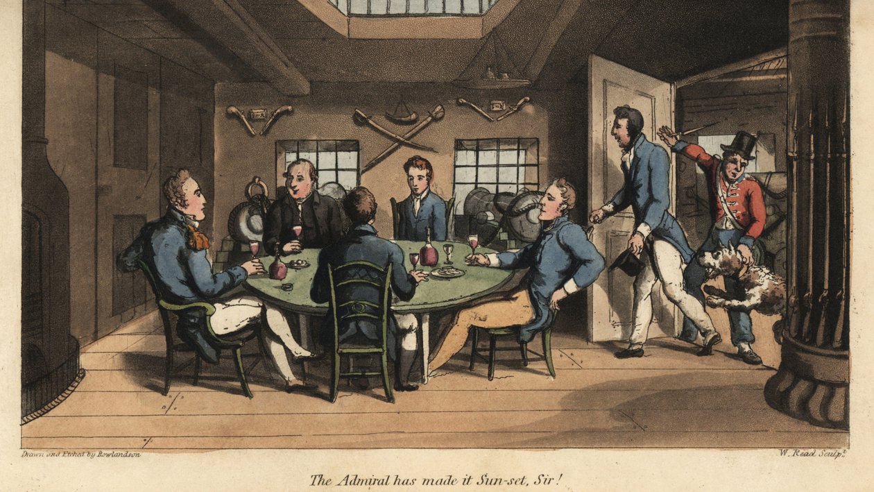 Johnny gesellt sich zu den Offizieren in der Kabine des Kapitäns für einen Drink. Der Admiral hat es zum Sonnenuntergang gemacht, Sir! Handkolorierter Kupferstich von W. Read nach einer Illustration von Thomas Rowlandson aus Alfred Burtons 