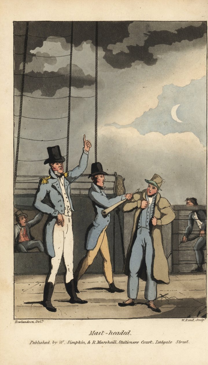 Johnny wird vom Kapitän auf den Mast geschickt. Er muss bis zur Mastspitze klettern, weil er einen Matrosen im Landurlaub verloren hat. Handkolorierter Kupferstich von W. Read nach einer Illustration von Thomas Rowlandson aus Alfred Burtons 