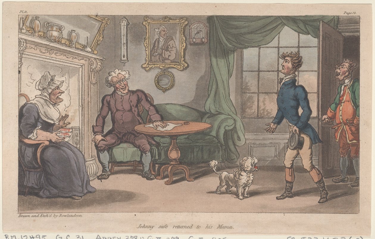 ジョニーは無事に母親の元に戻った。『The Military Adventures of Johnny Newcome, 1815』（1815年）より。 作： トーマス・ローランドソン