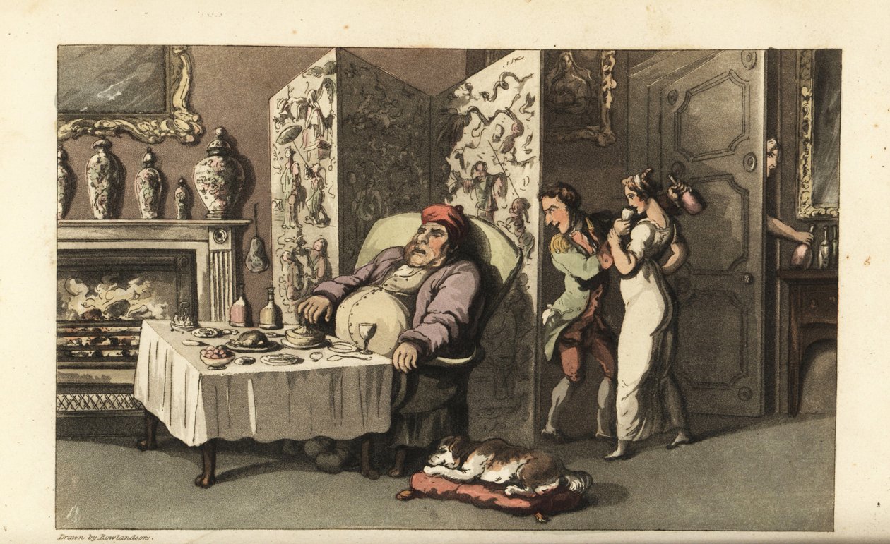 Johnny schleicht dem Dienstmädchen Molly ein Glas Wein im Salon zu, während Sir Jeffery Gourmand am Esstisch schläft. Fast von einem anderen Diener an der Tür erwischt. Handkolorierte Kupferstichgravur von Thomas Rowlandson aus William Combes Die Geschicht von Thomas Rowlandson